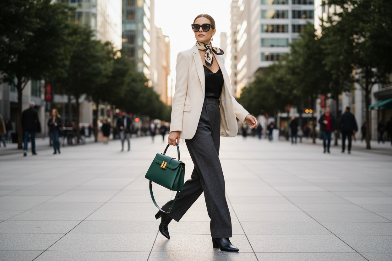 Stylish woman holding a handbag and walking on the street